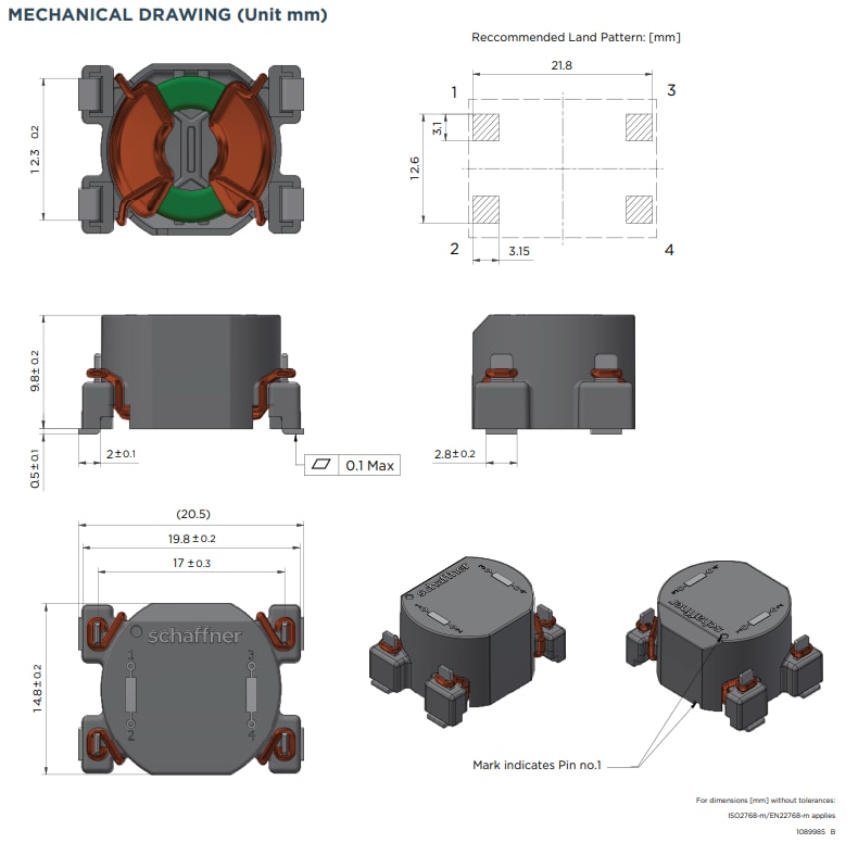 Dibujo mecánico - TE Connectivity Cebadores de modo común SMD de la serie RE100